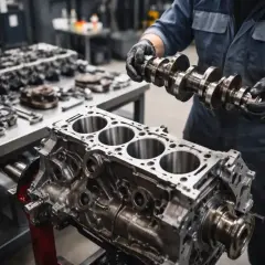 Mechanik w czarnych rękawiczkach trzyma wałek rozrządu nad blokiem silnika.