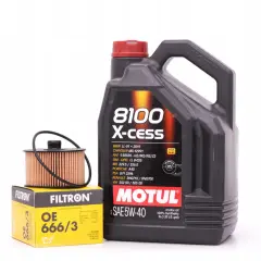 Kanister oleju silnikowego Motul 8100 X-cess 5W40 i filtr oleju Filtron OE 666/3.
