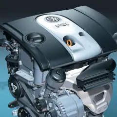 Silnik 1.6 MPI Volkswagena, z charakterystycznym logo i oznaczeniem FSI, gotowy do pracy.