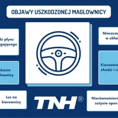 Grafika z ikoną kierownicy i tekstem: "Objawy uszkodzonej maglownicy".