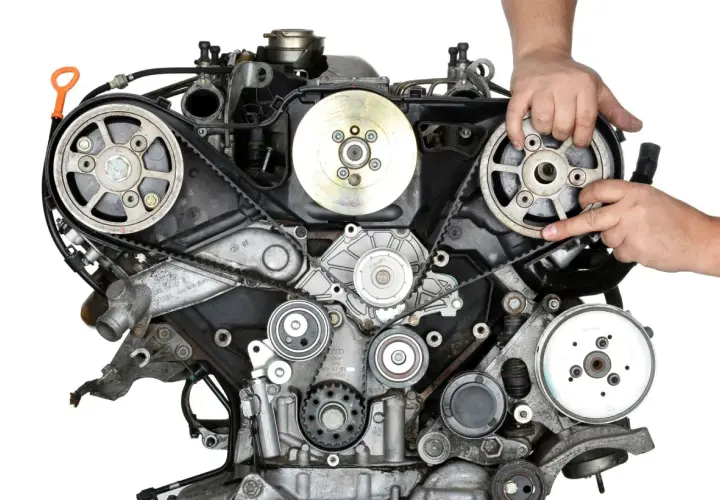 Mechanik sprawdza stan paska rozrządu w samochodzie, który jest kluczowym elementem silnika.