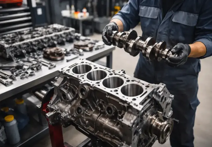 Mechanik w czarnych rękawiczkach trzyma wałek rozrządu nad blokiem silnika.
