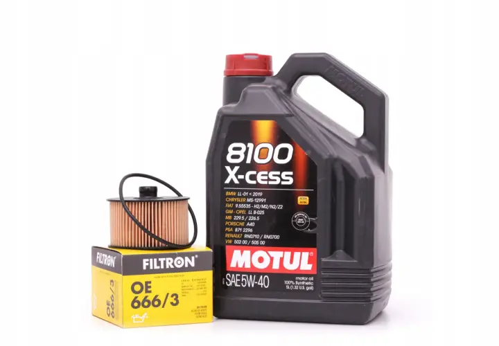 Kanister oleju silnikowego Motul 8100 X-cess 5W40 i filtr oleju Filtron OE 666/3.