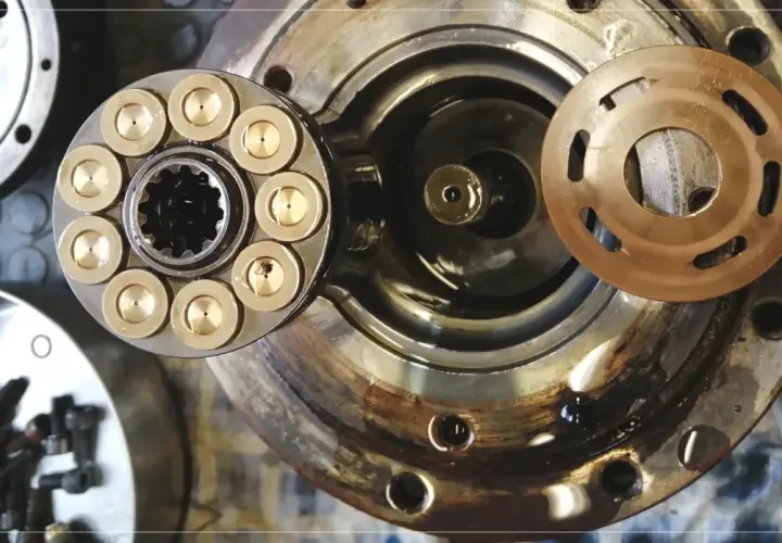 Rozłożona zwolnica z tłoczkami i tarczą rozdzielającą. Widoczne elementy hydrauliczne, gotowe do montażu.