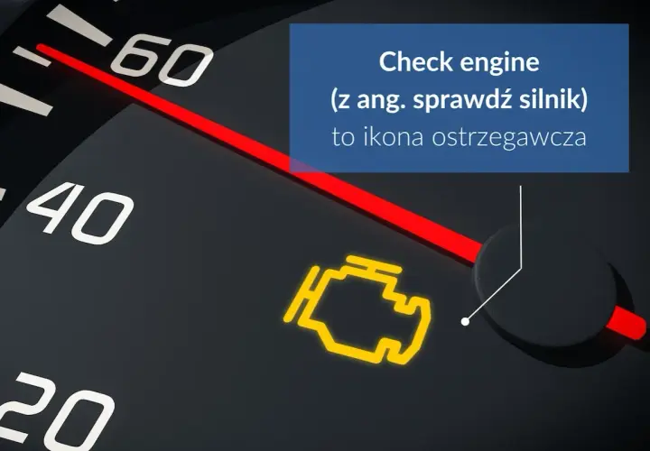 Żółta kontrolka check engine, oznaczająca konieczność sprawdzenia silnika, świeci się na desce rozdzielczej.