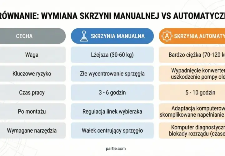 Porównanie wymiany skrzyń manualnych i automatycznych. Kluczowe ryzyko przy automatycznej to adaptacja komputerowa i skomplikowane napełnianie olejem.