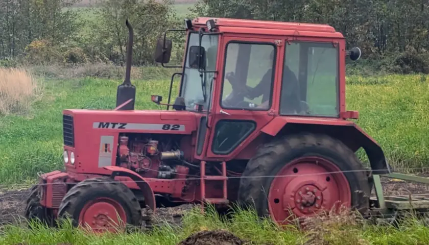 Czerwony traktor MTZ Belarus 820 pracuje na polu, za nim widać las.