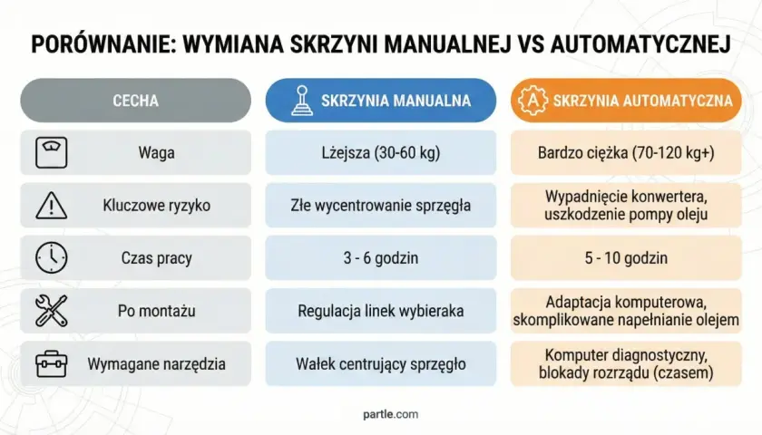 Porównanie wymiany skrzyń manualnych i automatycznych. Kluczowe ryzyko przy automatycznej to adaptacja komputerowa i skomplikowane napełnianie olejem.