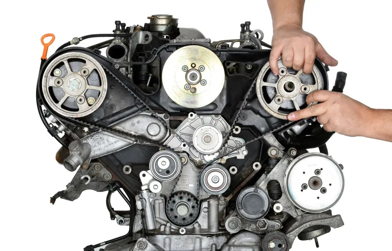 Mechanik sprawdza stan paska rozrządu w samochodzie, który jest kluczowym elementem silnika.
