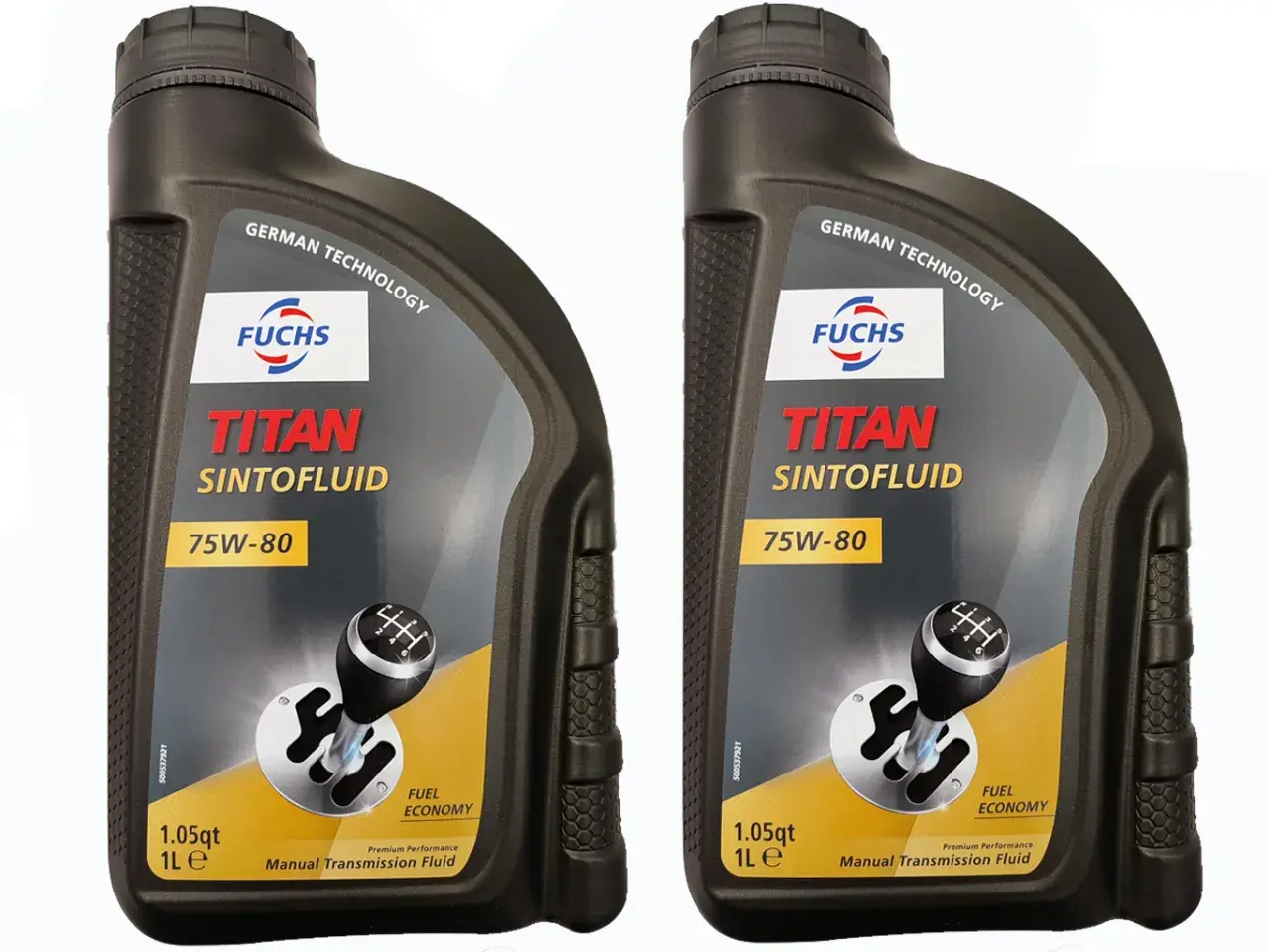 Dwie butelki oleju FUCHS TITAN SINTOFLUID 75W-80. Zastanawiasz się, jaki olej do skrzyni biegów wybrać? Ten syntetyczny płyn zapewnia oszczędność paliwa.