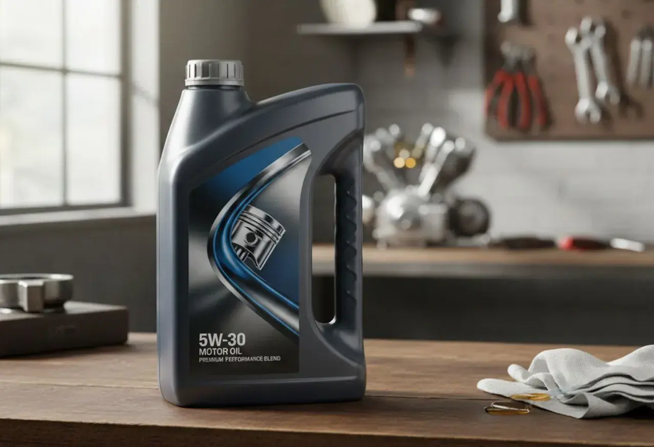 Olej silnikowy 5W-30 w ciemnej butelce, gotowy do użycia w warsztacie. Idealny do rankingu olejów silnikowych 5w30.