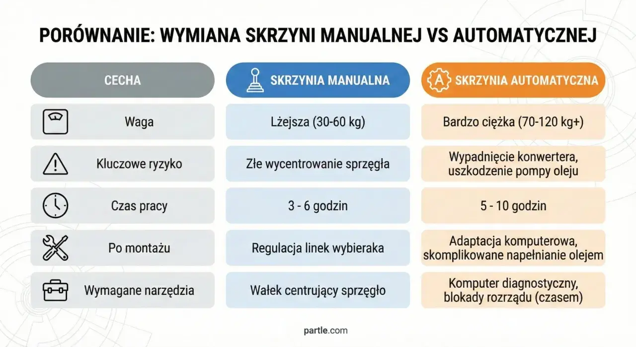 Porównanie wymiany skrzyń manualnych i automatycznych. Kluczowe ryzyko przy automatycznej to adaptacja komputerowa i skomplikowane napełnianie olejem.