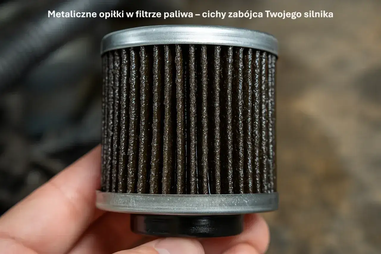Brudny filtr paliwa z metalowymi opiłkami, jeden z objawów zatartych silników.