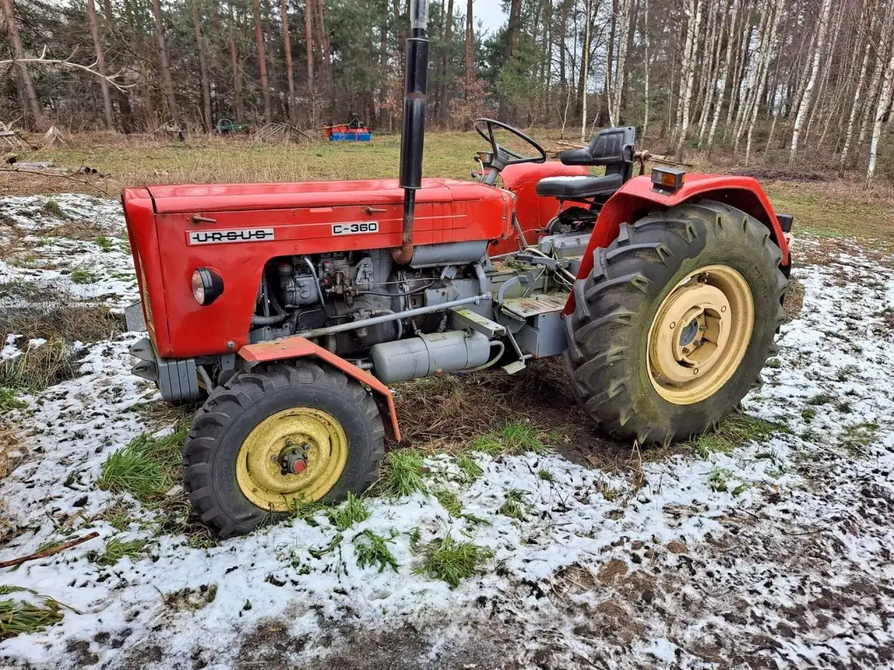 Czerwony Ursus C-360, klasyk polskiej motoryzacji, stoi na zaśnieżonej łące.