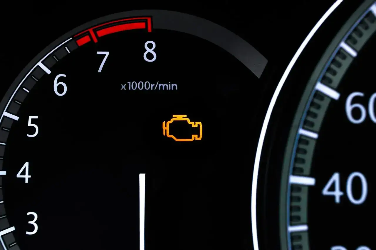 Pomarańczowa kontrolka check engine na desce rozdzielczej. Silnik wymaga uwagi.
